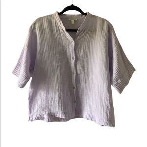 Eileen Fisher ~ Light Purple Cotton Button Down Short Sleeve Top Size Medium